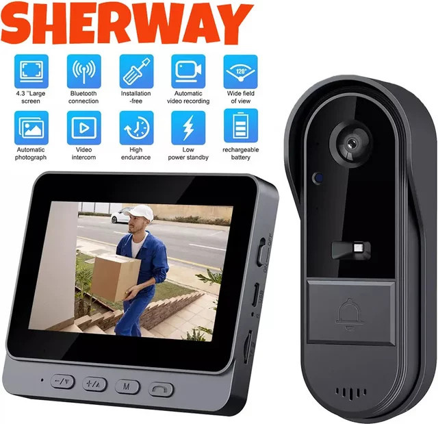 Sherway Drahtlose Wifi Türklingel Kamera mit 1080P Video Intercom, Wasserdicht, 4,3 Zoll IPS Bildschirm und IR Nachtsicht, Schwarz - Bild 1