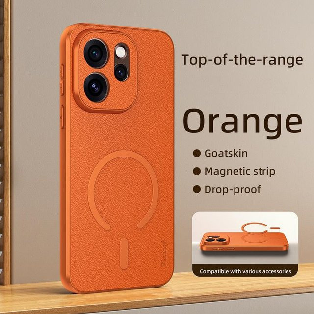 Magnetische Ring-Handyhülle aus Ziegenleder für OPPO Find X9 Pro, Reno 15 Pro Max und weitere Modelle, Farbe: Orange - Bild 1