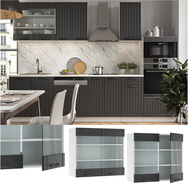 Vicco Küchenglasschrank Fame-Line Landhaus Glashängeschrank mit Soft-Close-Türen, Anthrazit/Weiß, B: 80 cm, H: 72 cm, T: 34,1 cm - Bild 3