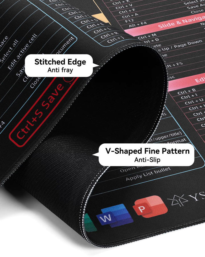 YSAGi Office Shortcut Mauspad XL in Schwarz als Schreibtischunterlage für Gaming und Office mit Gummibasis und genähtem Rand - Bild 3