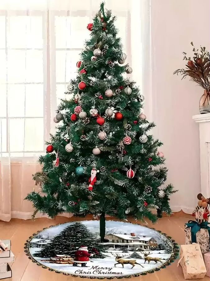 VIKAMA Weihnachtsbaumrock mit Winter Santa und Elch Motiv für Indoor und Outdoor Dekoration - Bild 7