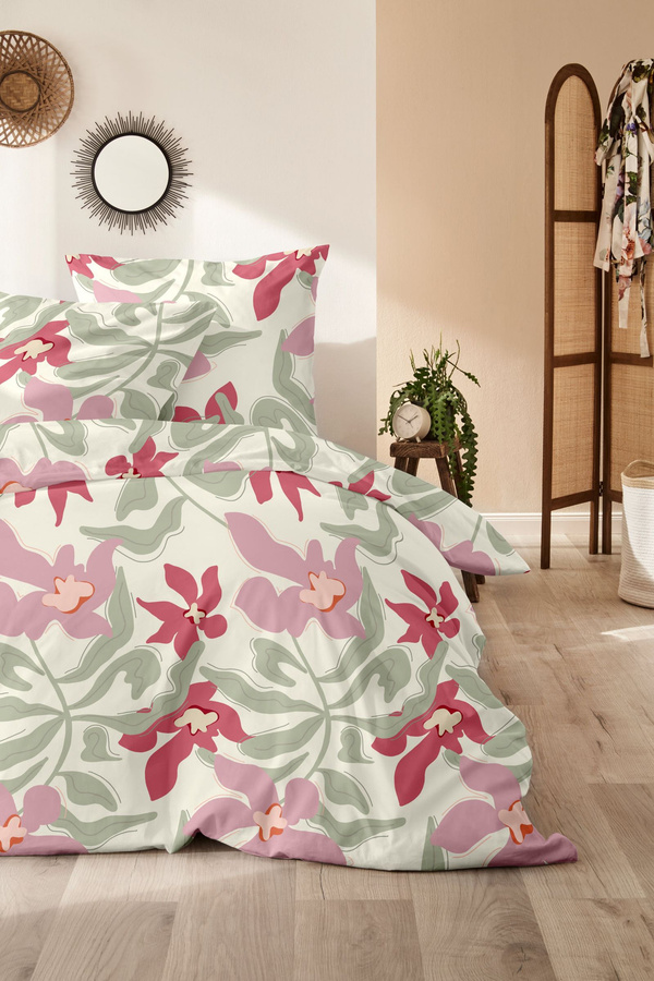 Westminster Biber Bettwäsche mit floralem Blätter und Blüten Design in Beige, Grün und Rosa, B/H: 135 x 200 cm mit Kissenbezug 80 x 80 cm - Bild 1