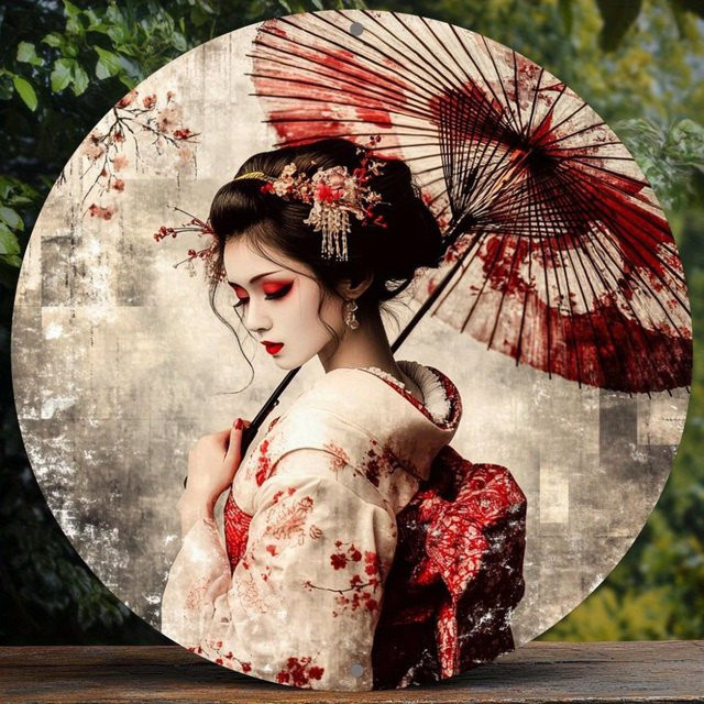 HELLOYOUNG Japanische Geisha Metall-Wandkunst mit Blumenregenschirm, Runde Eisen-Dekoration in Multicolour, Durchmesser: 20,32 cm - Bild 1