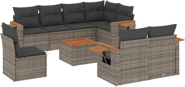 vidaXL 9-tlg. Garten-Sofagarnitur in L-Form aus Poly-Rattan und Akazienholz in Grau mit Kissen - Bild 1