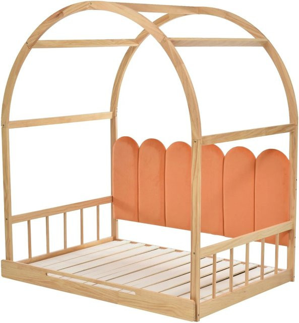 KOMHTOM Kinderbett aus Kiefernholz mit Samtkissen als Doppelbett und Schiebebett, Farbe Natur und Orange, B/T/H: 200 x 140 x 32 cm - Bild 1