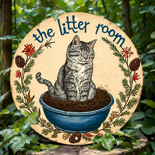 WhimsyCat Vintage Metallschild The Litter Room rund, rustikale Wandkunst aus Aluminium, Mehrfarbig, Durchmesser: 20 cm - Bild 1