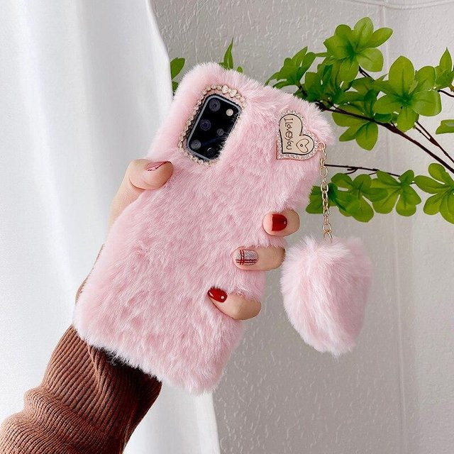 Plüsch Handyhülle mit Herz-Anhänger und Kaninchen-Design für Samsung Galaxy S21 S20 S10 S9 S8 A13 A33 A53 A12 A22 A32 A52 A21s A31 A51 A71 A72 in Rosa - Bild 1