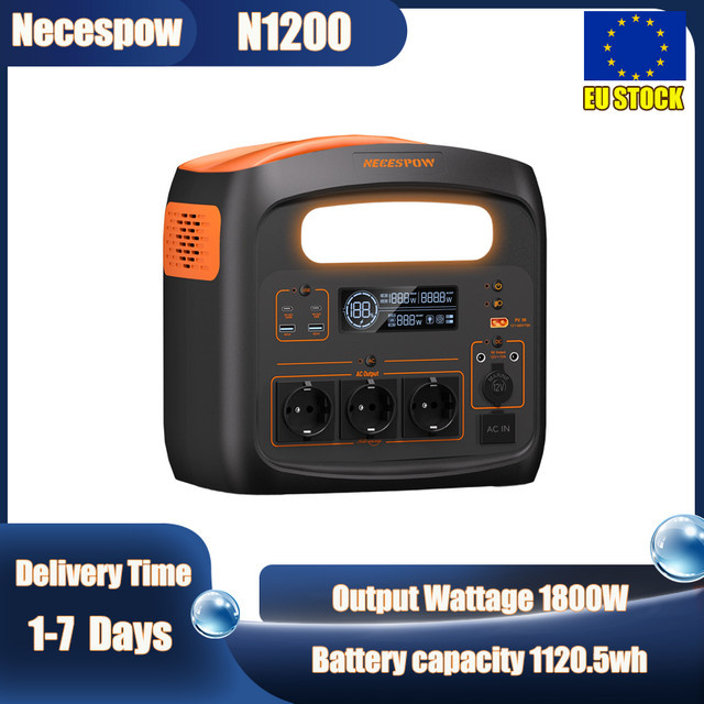 Necespow N1200 Tragbare Powerstation mit 1800W Leistung, 1102,5Wh LiFePO4-Batterie, USB-C PD100W und LED-Licht für Outdoor und Camping - Bild 1