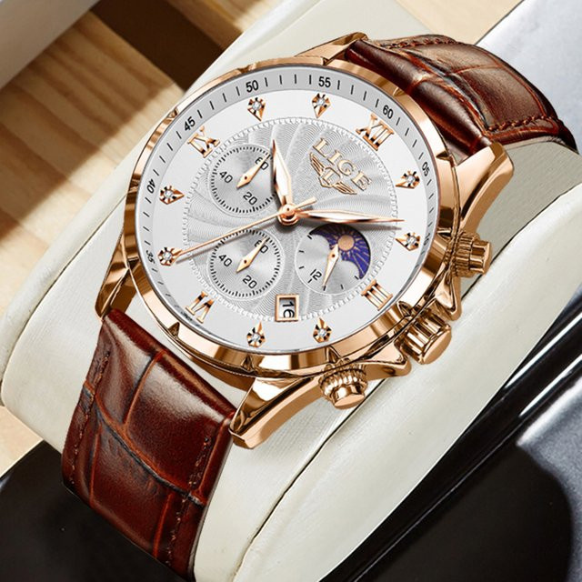 LIGE Armbanduhr Chronograph, Quarz, Leder, Blau, Roségold, Herren - Bild 1