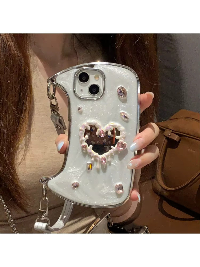 Koreanische 3D-Glitzer-Edelstein-Handyhülle mit Herz-Spiegel und Lederband für Apple iPhone 17, 16, 15, 14, 13, 12 in Weiß - Bild 5