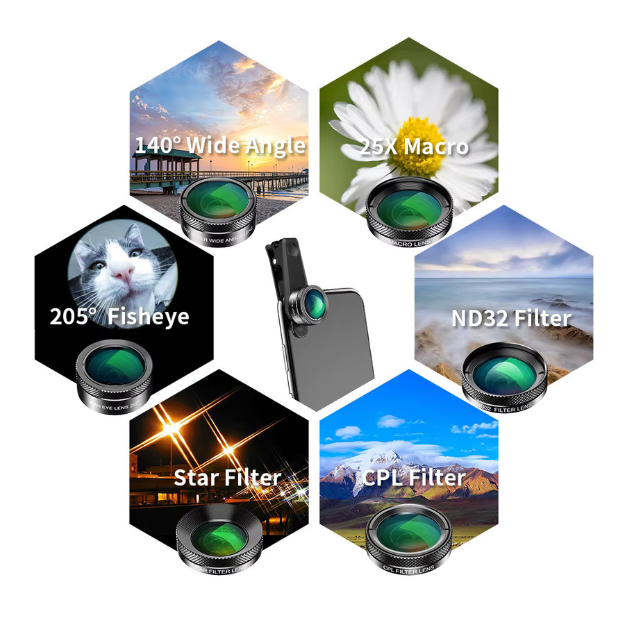 APEXEL 11-in-1 Smartphone Kamera Objektiv Set in Schwarz mit Fisheye-Weitwinkel-Makroobjektiv, CPL-ND-Filter, Kaleidoskop und Teleskopobjektiv - Bild 3