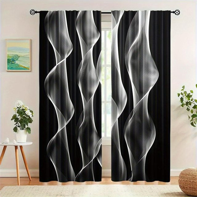 Yiran Furniture Vorhänge mit geometrischem Design, 2er-Set, Schwarz, Polyester, Stangentasche, Breite: 100 cm, Höhe: 130 cm - Bild 1