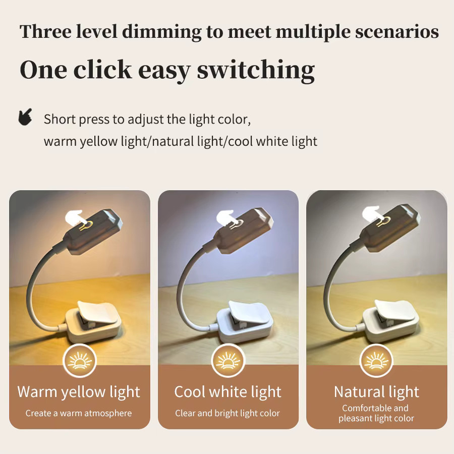 GGBEE LED-Schreibtischlampe mit Clip, wiederaufladbare Buchleuchte in Weiß mit 3 Farbmodi und Augenschutz für Studium und Lesen - Bild 2