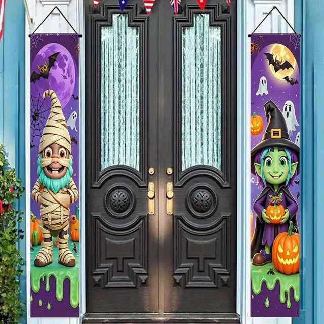 VIKAMA Halloween-Banner zum Aufhängen im Cartoon-Stil mit Hexen und Feen, lila, B/H: 30 x 180 cm - Bild 1