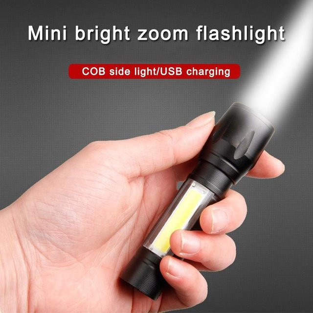 Tragbare LED-Taschenlampe mit Seitenlicht und USB-Aufladung in Schwarz für Outdoor, Camping und Notfälle - Bild 1