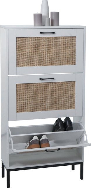 Schuhschrank MCW-N92 Schuhkipper mit 3 Fächern und Rattanfront in Weiß, B/H/T: 126 x 63 x 24 cm - Bild 1
