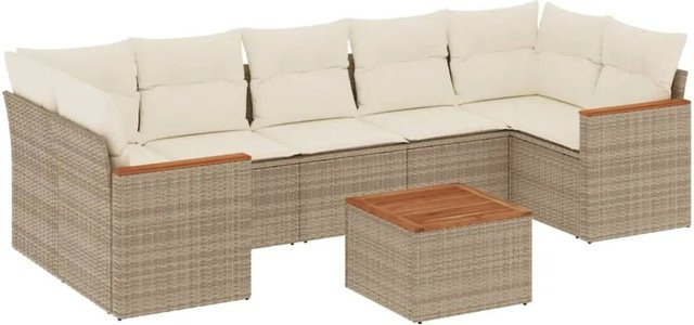 vidaXL 8-teilige Garten-Sofagarnitur in L-Form aus Poly-Rattan und Akazienholz mit Kissen in Beige-Creme - Bild 1