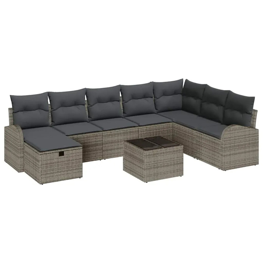 vidaXL Garten-Sofa-Set aus Polyrattan in Grau, 9-teiliges L-Shape Lounge-Set mit Kissen und integriertem Stauraum für Terrasse und Garten - Bild 2