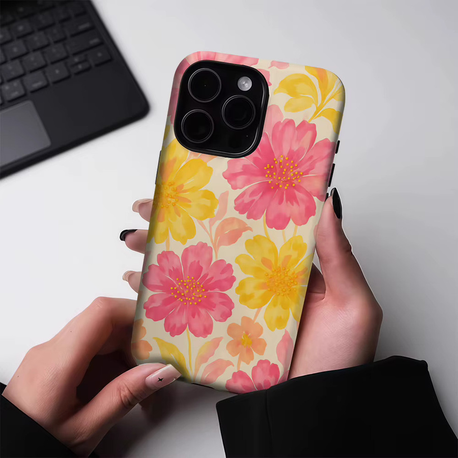 Potdemiel Handyhülle mit rosa und gelben Blüten für iPhone 17 16 15 14 13 Pro Max Plus, robuste magnetische Einzel- und Doppelschicht-Schutzhülle - Bild 2