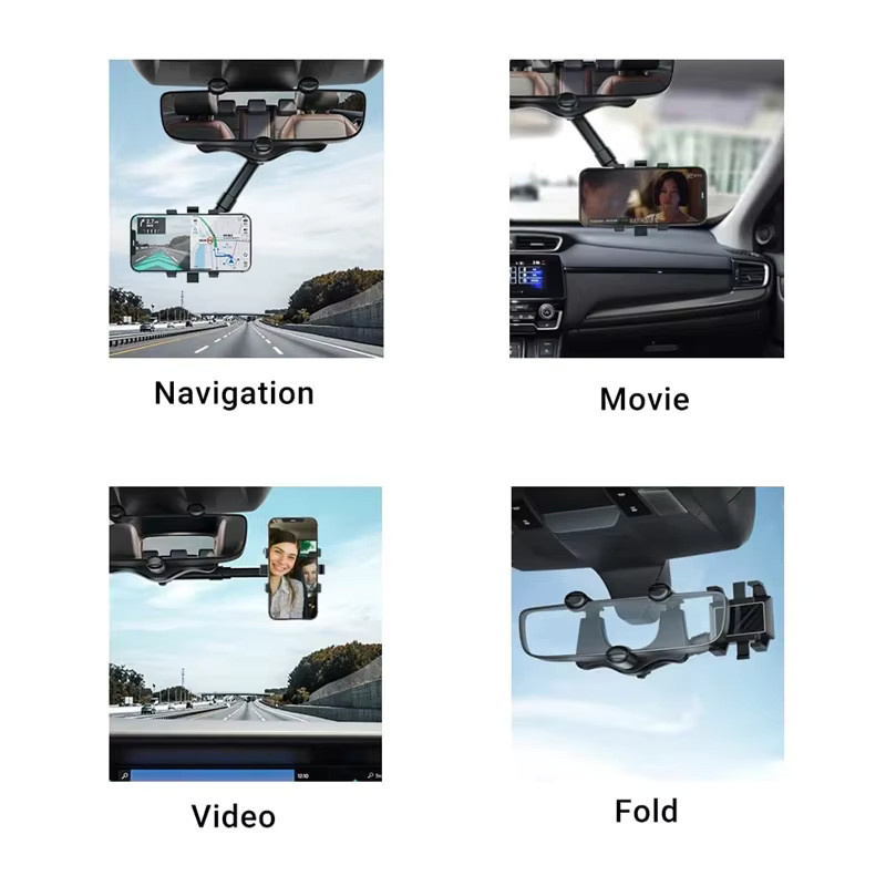 360 Grad drehbarer Auto-Rückspiegel-Telefonhalter für Smartphone und GPS in Schwarz mit verstellbarem Teleskop-Ständer - Bild 6