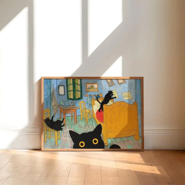 Wandkunst Poster mit schwarzen Katzen im Van Gogh Stil ohne Rahmen in Schwarz - Bild 1