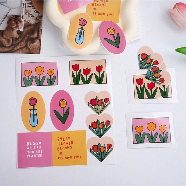 90 selbstklebende Tulpenblumen-Aufkleber in Mehrfarben für Geschenkboxen und Verpackungen, 10 Blatt Set - Bild 1