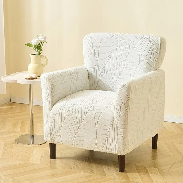 Elastischer Jacquard Ohrensesselbezug in Weiß mit Blättermuster für Sessel und Clubsofas - Bild 1