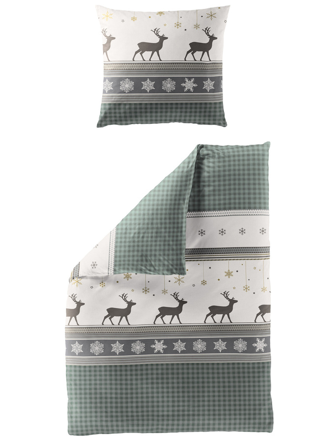Bierbaum Biber Bettwäsche mit Hirsch und Karo-Muster aus Baumwolle, Farben: Jade, Beige, Braun und Grau, B/H: 155 x 220 cm mit Kissenbezug 80 x 80 cm - Bild 1