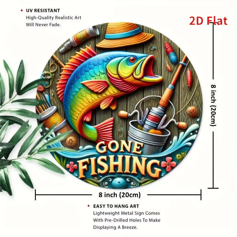 Potdemiel Rundes Metallschild Gone Fishing mit buntem Fisch- und Angelausrüstung Design, Durchmesser: 20 cm, Mehrfarbig - Bild 3