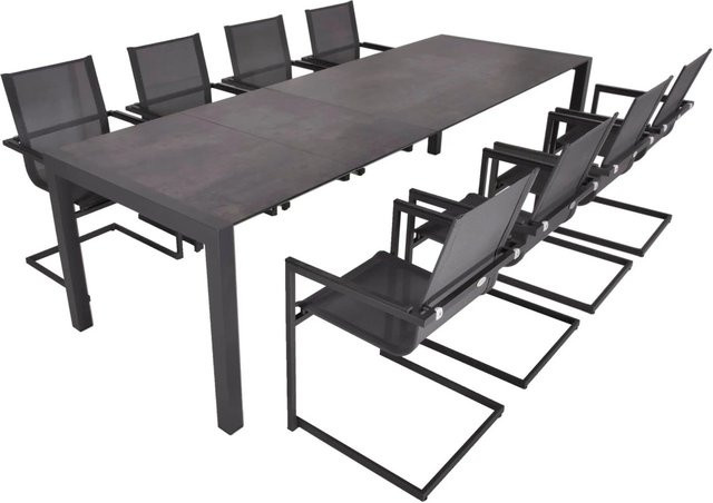 DELUKE Garten-Sitzgruppe HAUKE 9-teiliges Gartenmöbel-Set in Grau mit ausziehbarem Esstisch und Freischwingerstühlen aus Kunststoff und Aluminium - Bild 1
