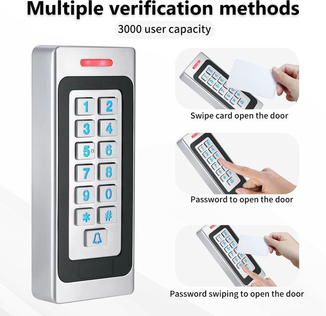 LUCKING DOOR RFID-Digicode-Lesegerät mit Tastatur, IP67 wasserdichte Zugangskontrolltastatur aus Metall, DC10-24V, 3000 Benutzer, Wiegand-Schnittstelle, 26–44 Ausgang, Farben: Schwarz und Silber - Bild 1