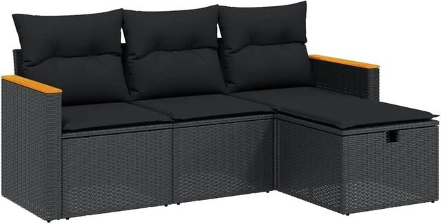 vidaXL 4-tlg Garten-Sofagarnitur mit Kissen aus PE-Rattan und pulverbeschichtetem Stahl in Schwarz - Bild 1