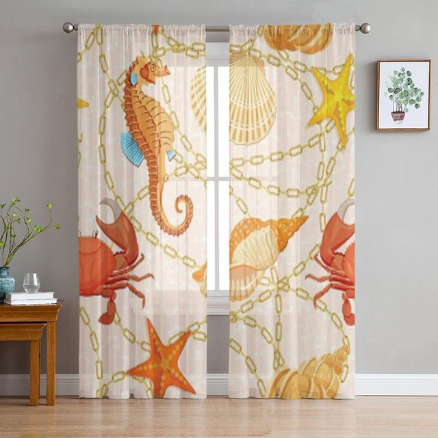 Super Six Transparente Chiffon Vorhänge mit Unterwasser-Motiv Fische Korallen und Muscheln, 2er-Set, Breite: 135 cm, Höhe: 244 cm - Bild 1