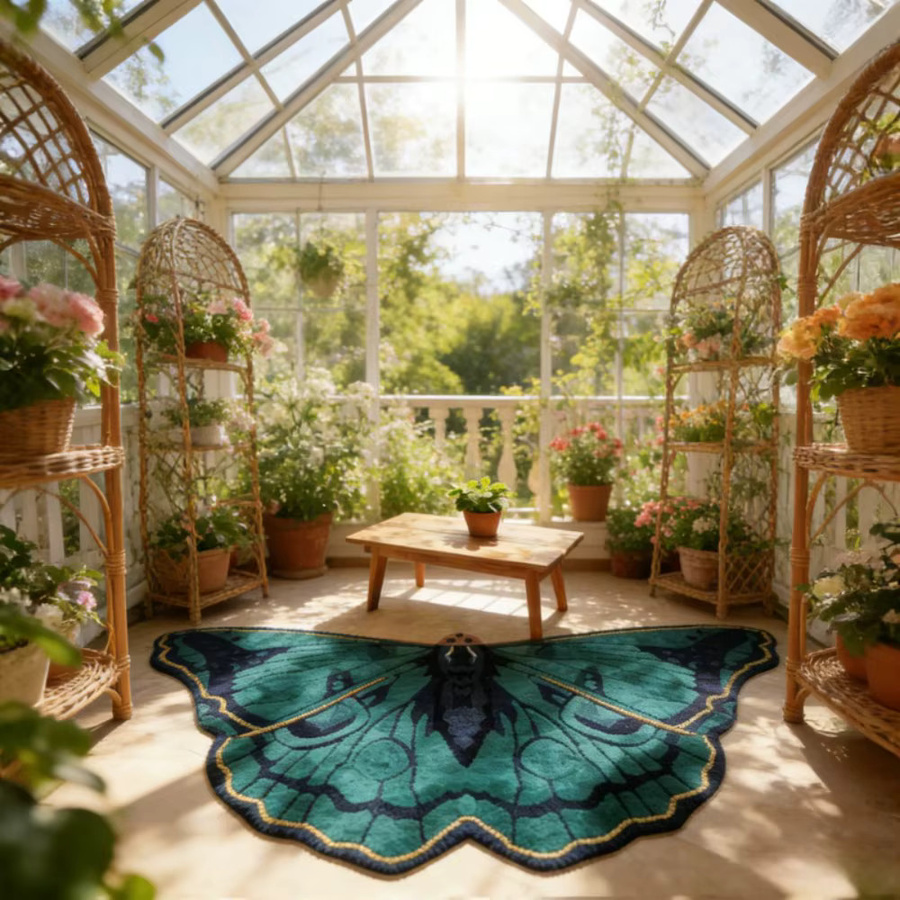 VIKAMA Vintage Teppich in Grün mit Schmetterlingsdesign, rutschfest und schmutzabweisend für Wohnzimmer, Schlafzimmer oder Balkon - Bild 2