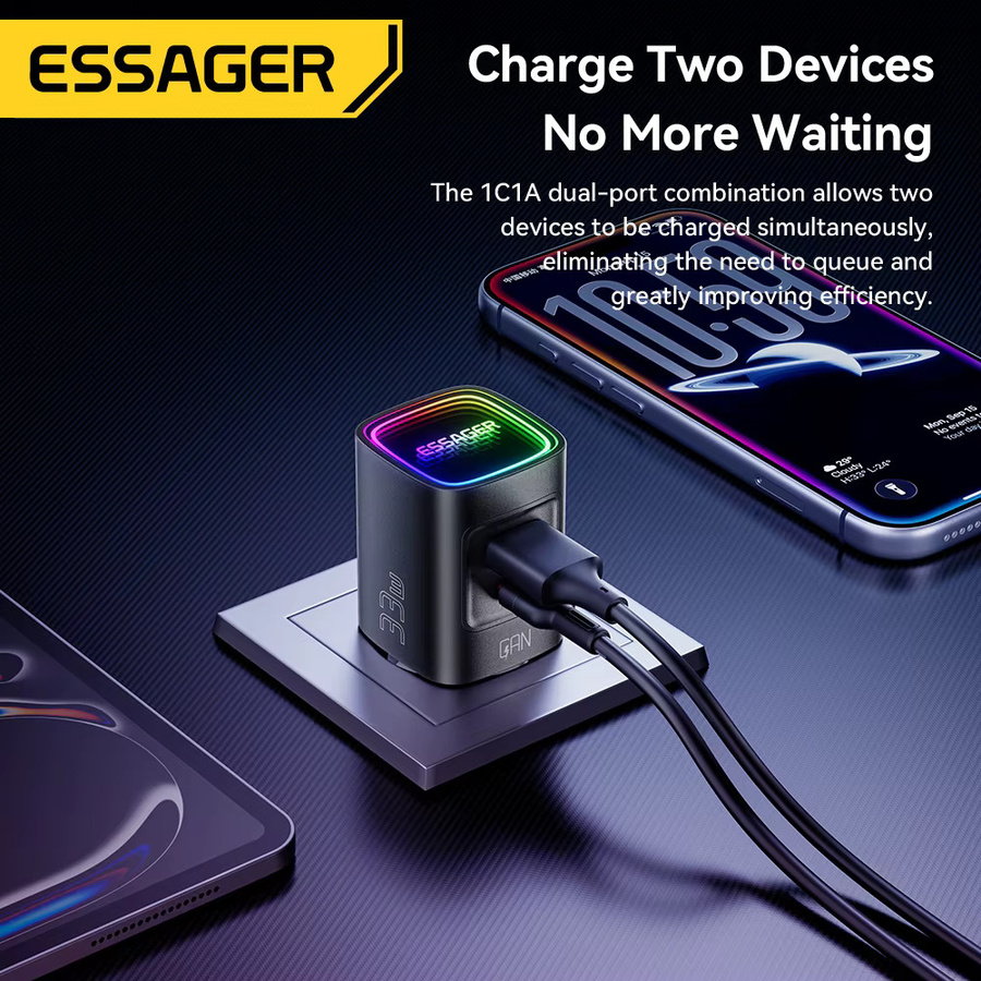 Essager GaN 33W USB Typ-C Ladegerät mit PD-Schnellladefunktion und RGB-Beleuchtung in Schwarz/Multicolor - Bild 3