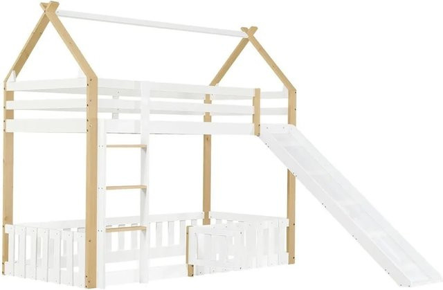 KOMHTOM Etagenbett für Kinder aus Kiefernholz und Sperrholz mit Rutsche, Leiter und Schutzgitter, Weiß und Natur, B/T/H: 200 x 90 x 187 cm - Bild 1