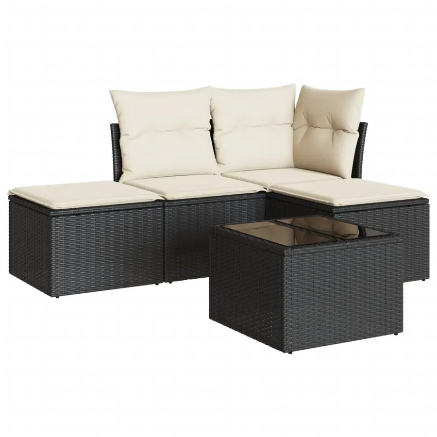 vidaXL 5-teilige Garten-Sofagarnitur in L-Form aus Poly-Rattan mit Kissen in Schwarz-Creme - Bild 2