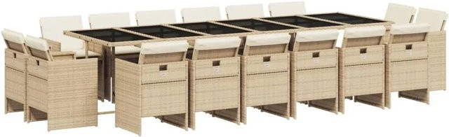 vidaXL 17-teilige Garten-Essgruppe aus Poly Rattan mit Kissen in Beige und Cremeweiß mit Hartglas-Tischplatte - Bild 1
