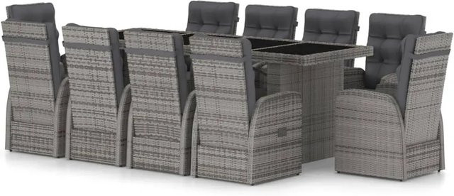 vidaXL 11-tlg Garten-Essgruppe aus Poly Rattan mit Glasplatte und Auflagen in Grau - Bild 1