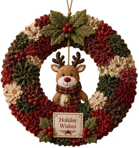 Xunyuan DIY Stoffkranz Bastelset 3D Poke Art für Erwachsene, Textiler Wandbehang in Rot mit Weihnachtsmann und Schneemann Design, Durchmesser: 30 cm - Bild 1
