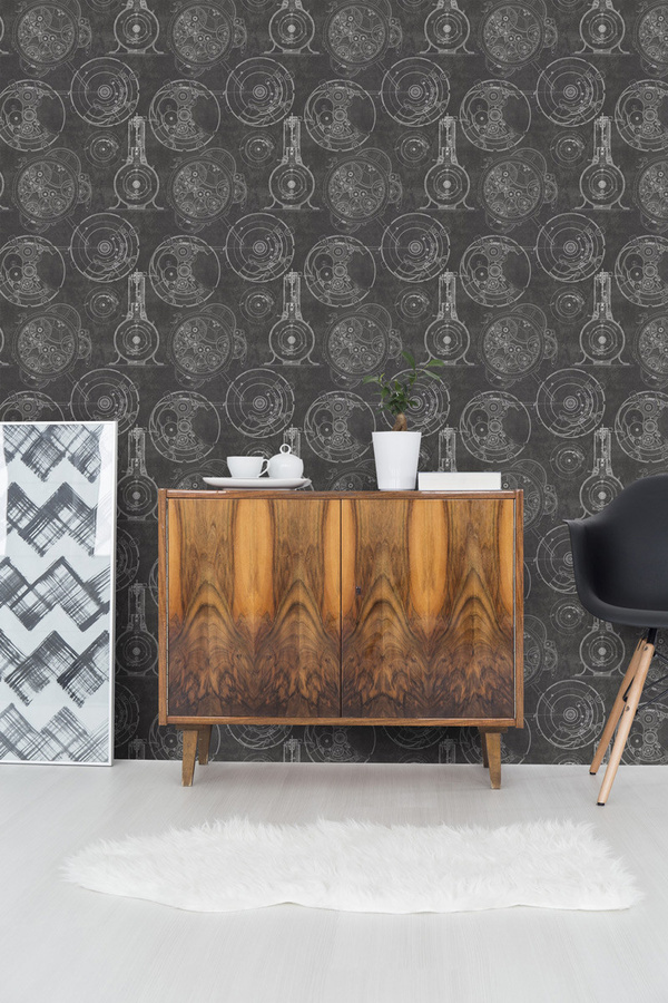 MINDTHEGAP Tapete Horlogerie WP20043 in Schwarz und Grau mit geometrischem Mid-Century Design aus Vlies - Bild 1