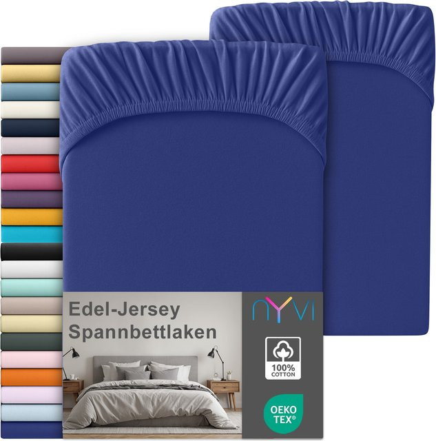 NYVI Edel Jersey Spannbettlaken Deluxe 2er Set aus 100% supergekämmter Baumwolle, Farbe: Blau, B/T: 140-160 x 200 cm, Steghöhe bis 25 cm - Bild 1