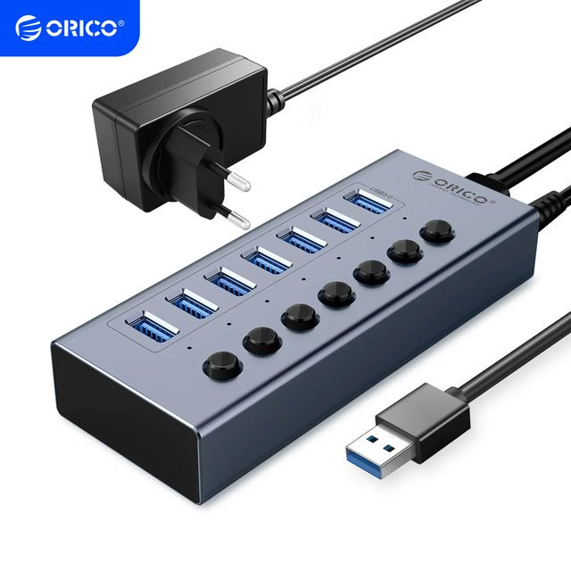 ORICO USB 3.0 Hub Aluminium USB Splitter mit 10 Ports und Ein/Aus Schalter in Grau inklusive 12V Netzteil zur Unterstützung des Aufladens für deinen Computer - Bild 1