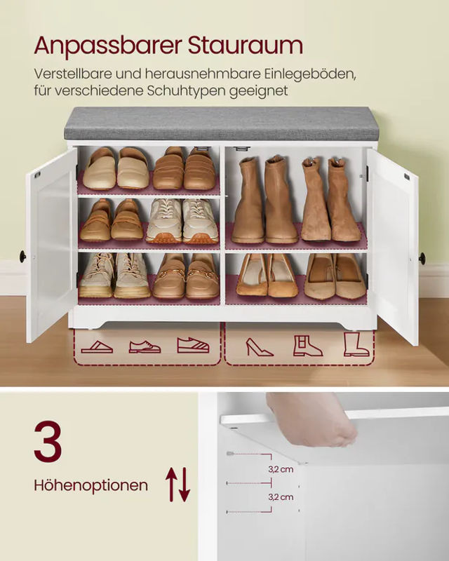 VASAGLE Sitzbank mit Stauraum und Schuhregal in Weiß-Grau, B/T/H: 81 x 35,5 x 52,5 cm - Bild 2