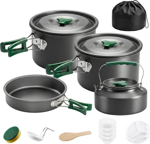 Outsunny Camping Kochgeschirr Set 5-teilig aus eloxiertem Aluminium in Grau für 4-5 Personen mit Anti-Verbrühungsgriffen inklusive Topf und Pfanne - Bild 1