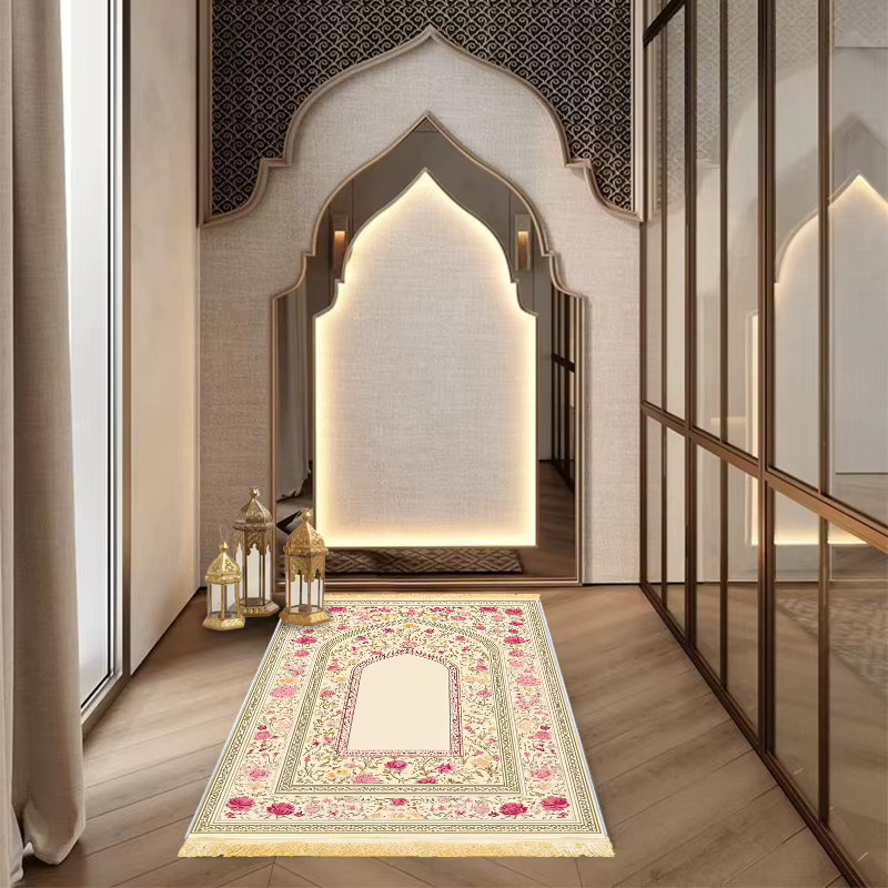 VIKAMA Gebetsteppich mit Blumenbogen-Design in Rosa-Gold, rutschfester orientalischer Teppich für Schlafzimmer und Wohnzimmer - Bild 3