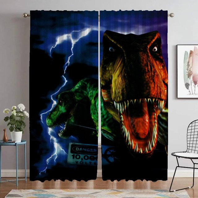 Jurassic Park Tüll-Raumvorhänge Set aus Polyester, 2 Stück, Mehrfarbig, Breite: 50 cm, Höhe: 70 cm - Bild 1