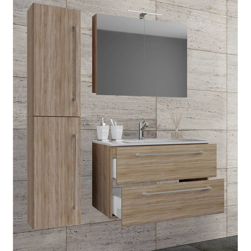 VCM Möbel Badinos Badezimmer Möbel Set in Eiche Sonoma Nachbildung, 4-teilig mit Unterschrank, Waschbecken, Spiegelschrank und Hochschrank, Braun, B/H/T: 61 x 151 x 46,4 cm - Bild 3