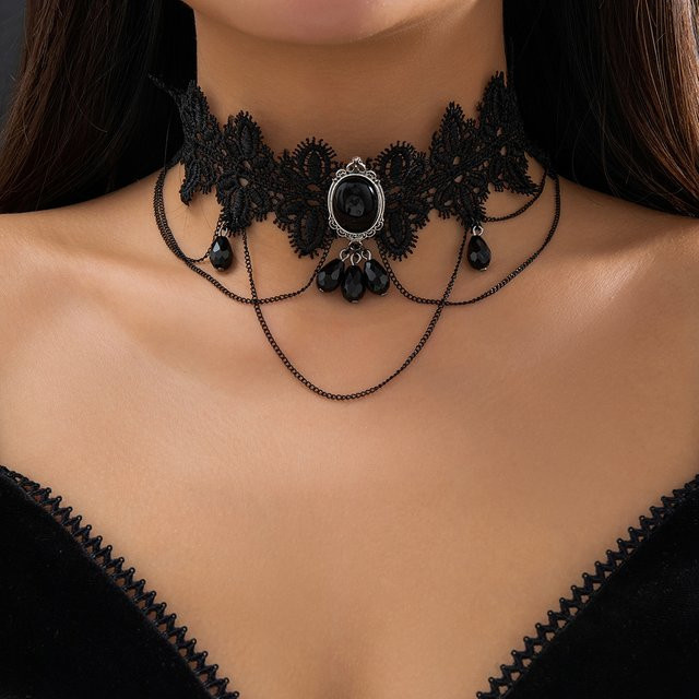 Ingemark Choker Halskette, Schwarz, Spitze, Kristall, Damen, Vintage - Bild 1