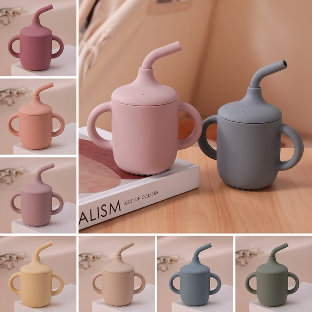 Auslaufsichere Baby Silikon Stroh Tasse mit Dual Griff, BPA-frei, Grau und Blau - Bild 1